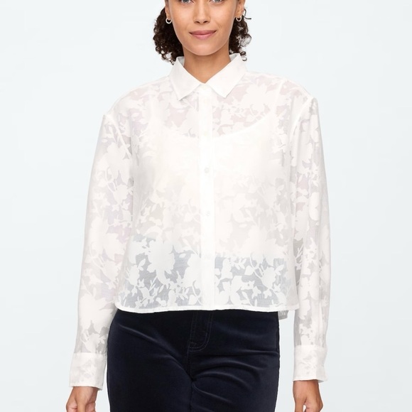 GAP Tops - GAP Sheer Floral Cropped Button Down Curved Hem Off White Women’s Size Small